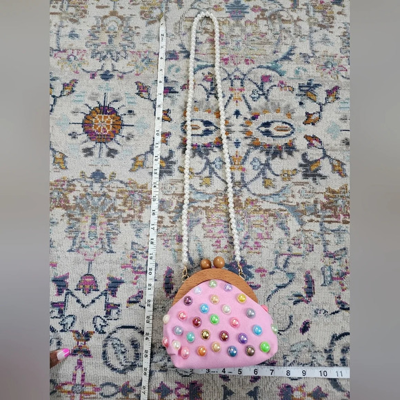 New, Bubble Gum Studded Pink, Wooden Closure, Clutch/Pearl Strap Purse - Picture 6 of 15